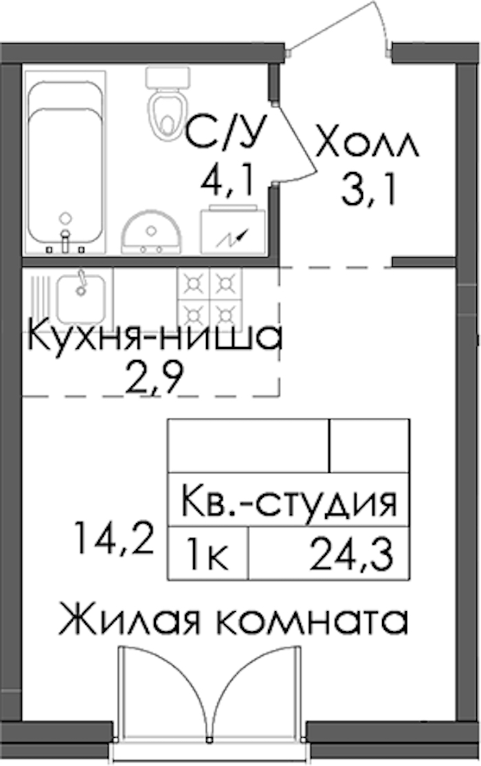 Квартира студия 24.3 м², 6/7 эт., ЖК «Лермонтовский 54»